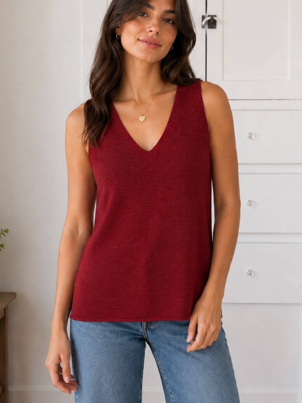 Eileen Fisher Red Merino Wool V-Neck Sweater Shell Tank M